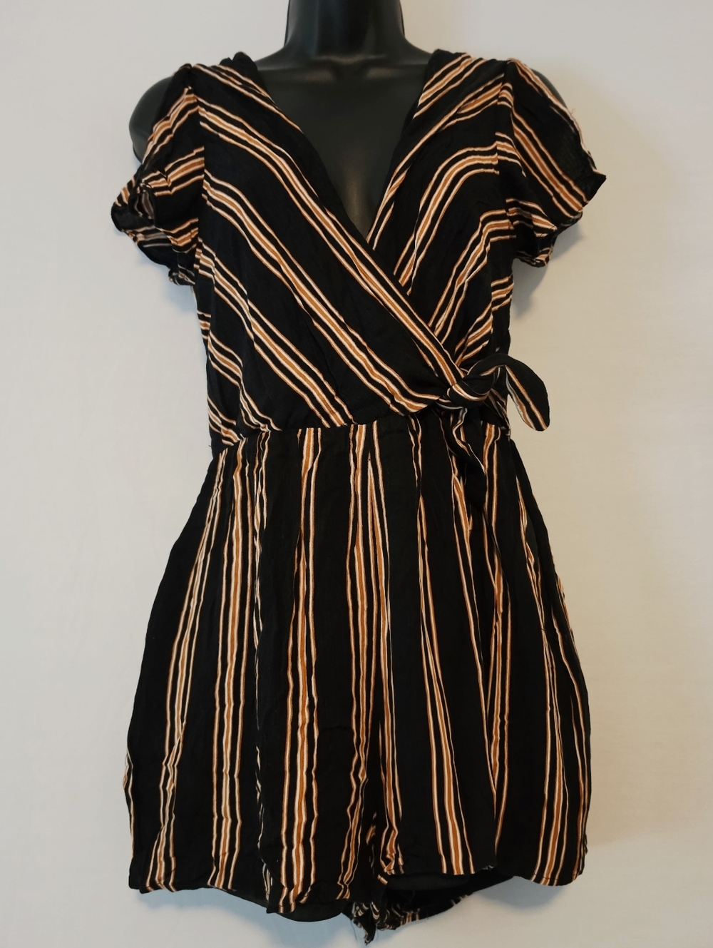 HYFVE Women's Romper Shorts Size Medium Black Orange Stripes Tied Waist V Neck